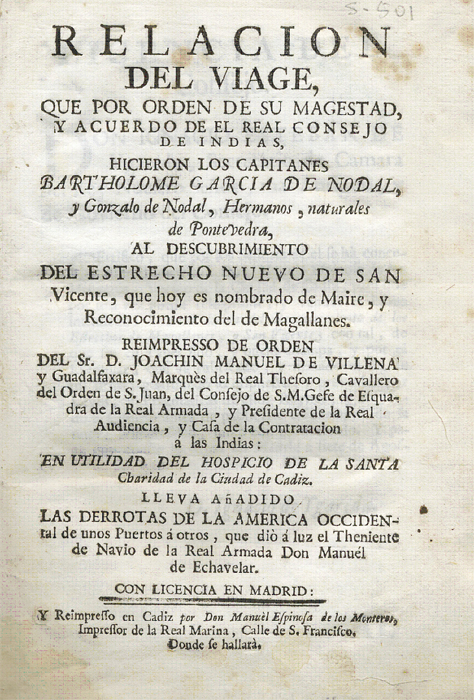 Portada de la reimpresión del s. XVIII de la Relación del viaje de Bartolomé y Gonzalo García de Nodal a la Tierra del Fuego